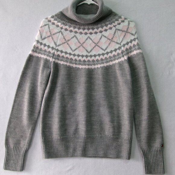 Tommy Hilfiger Gray & Pink Argyle Cozy Turtleneck Sweater Women's Small‎ S - Picture 1 of 4